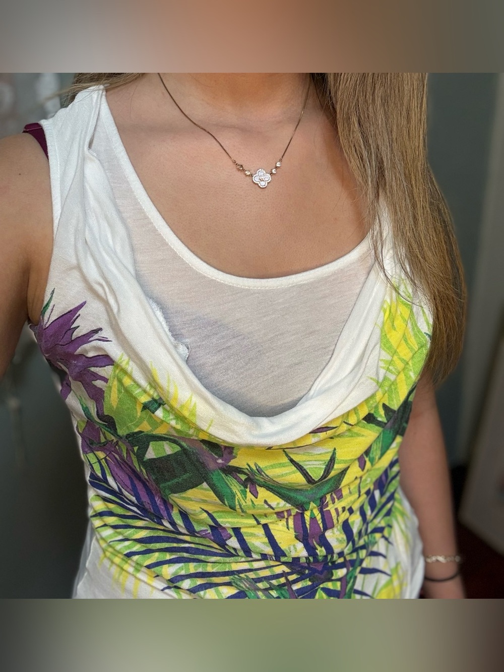 White Tropical Print Cowl Neck Tank Top